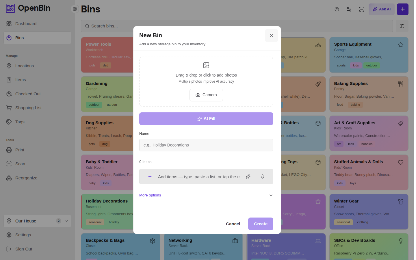 OpenBin AI photo analysis suggesting bin contents