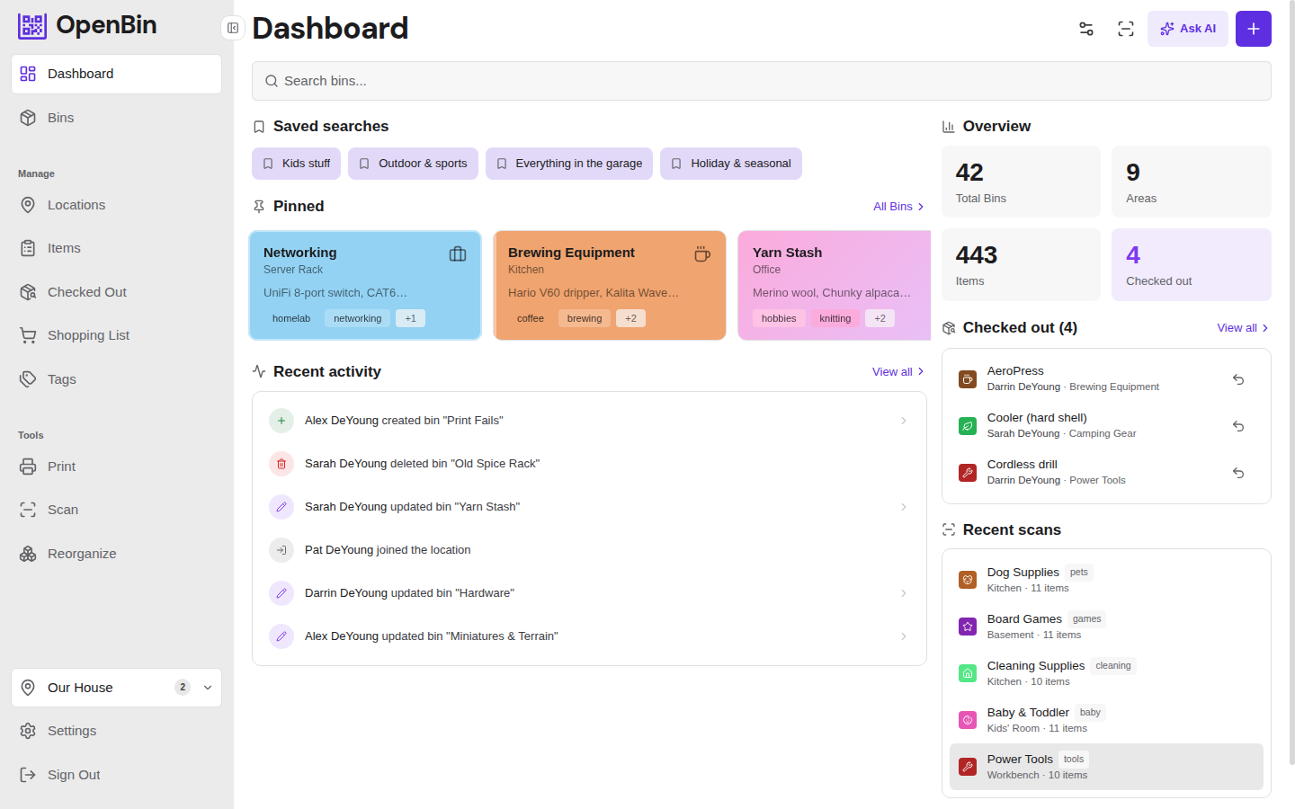 OpenBin dashboard showing pinned bins and recent activity