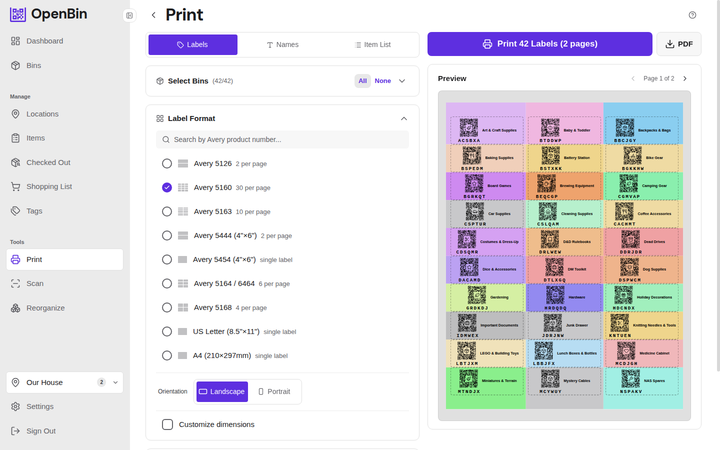 OpenBin print page with QR label sheet preview