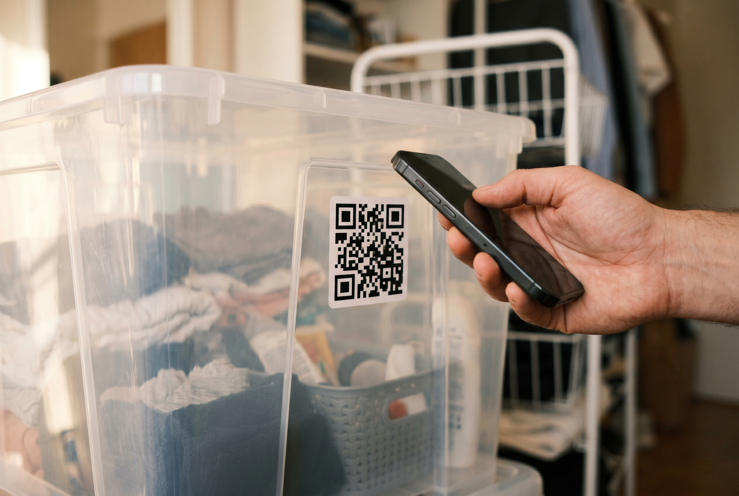 A hand holding a smartphone to scan a QR code sticker on the side of a clear plastic storage bin filled with household items