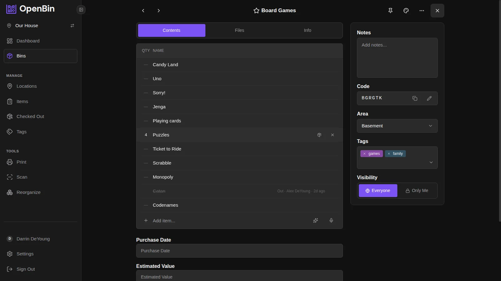 Board game collection bin showing Catan, Ticket to Ride, Scrabble, Monopoly, and checkout history