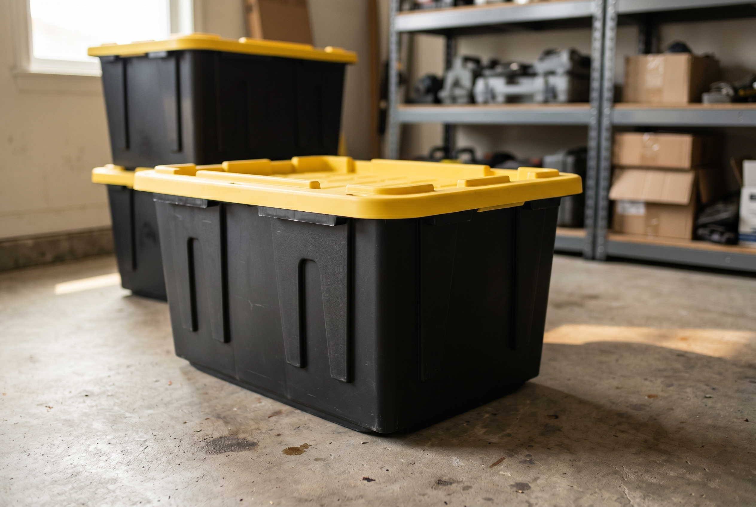 Black 27-gallon industrial storage tote with yellow snap-on lid on a concrete garage floor, utility shelving blurred in the background