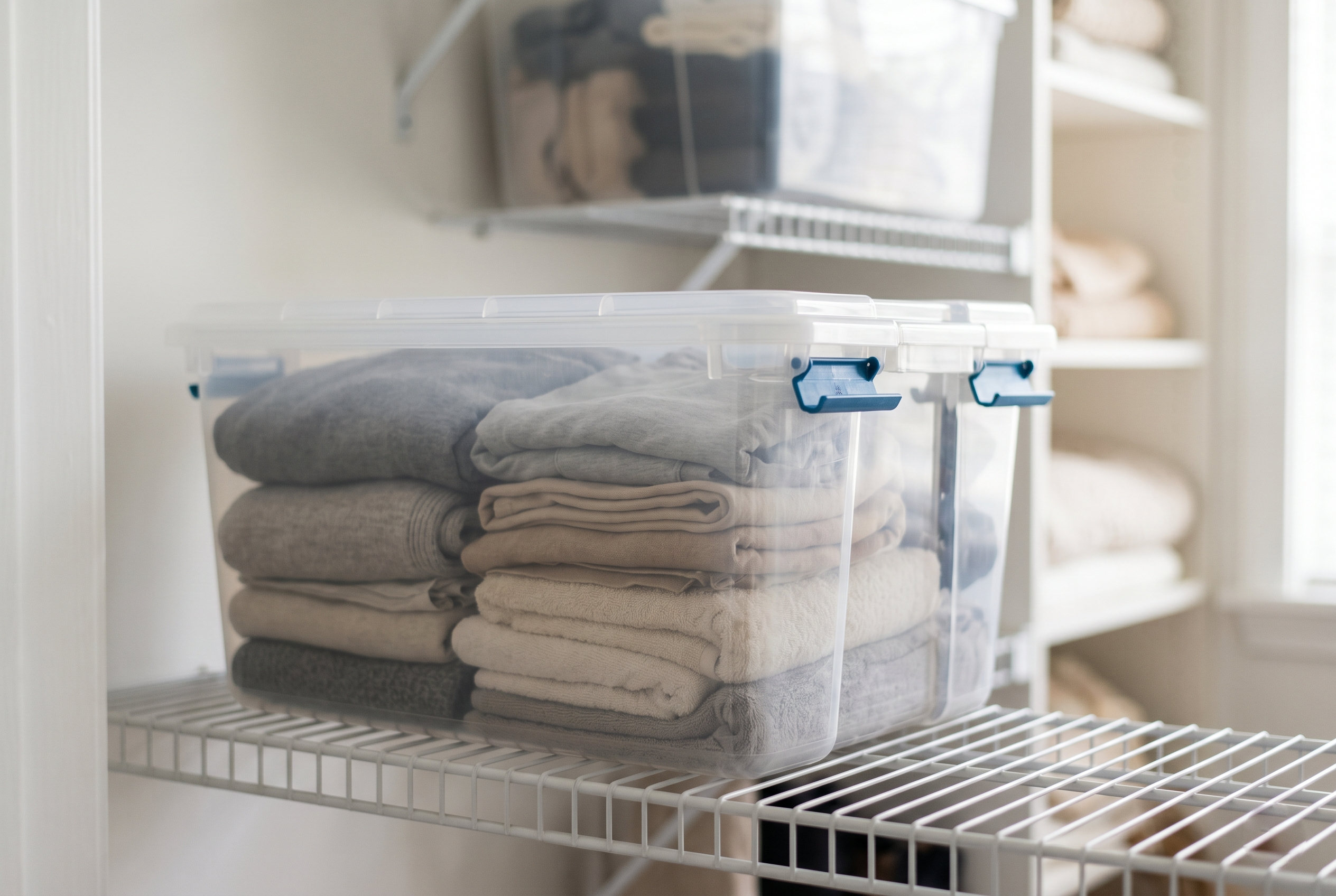 Clear 66-quart latching storage box filled with folded neutral-toned linens sitting on a white wire closet shelf, blue side-clip latches visible