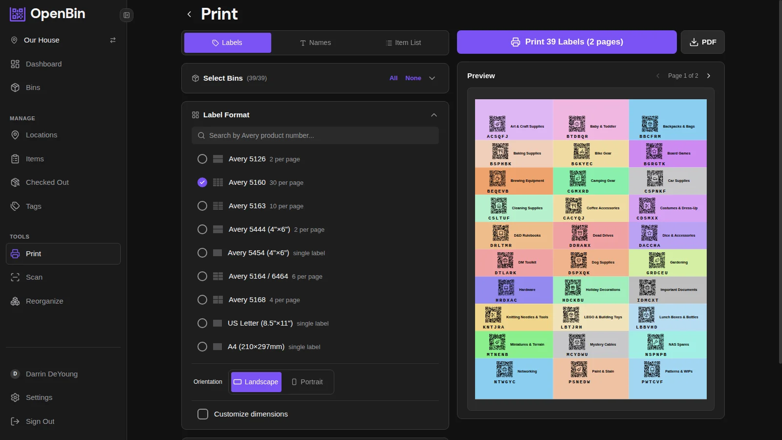 Printable QR code label sheet with 39 color-coded bin stickers