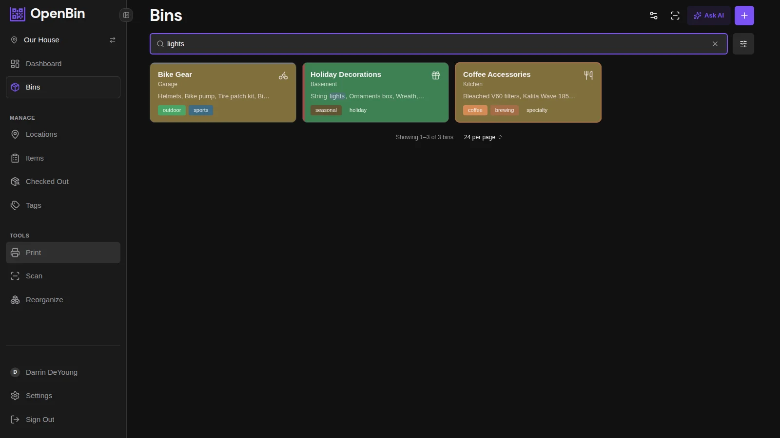 Searching across all storage bins for a specific item by keyword