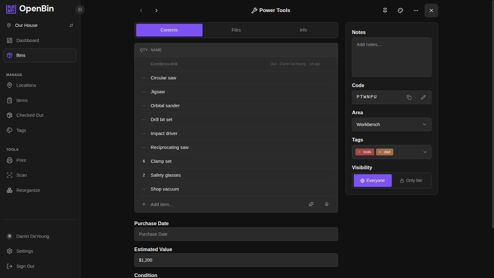Storage bin detail page showing items, QR code, tags, and area assignment