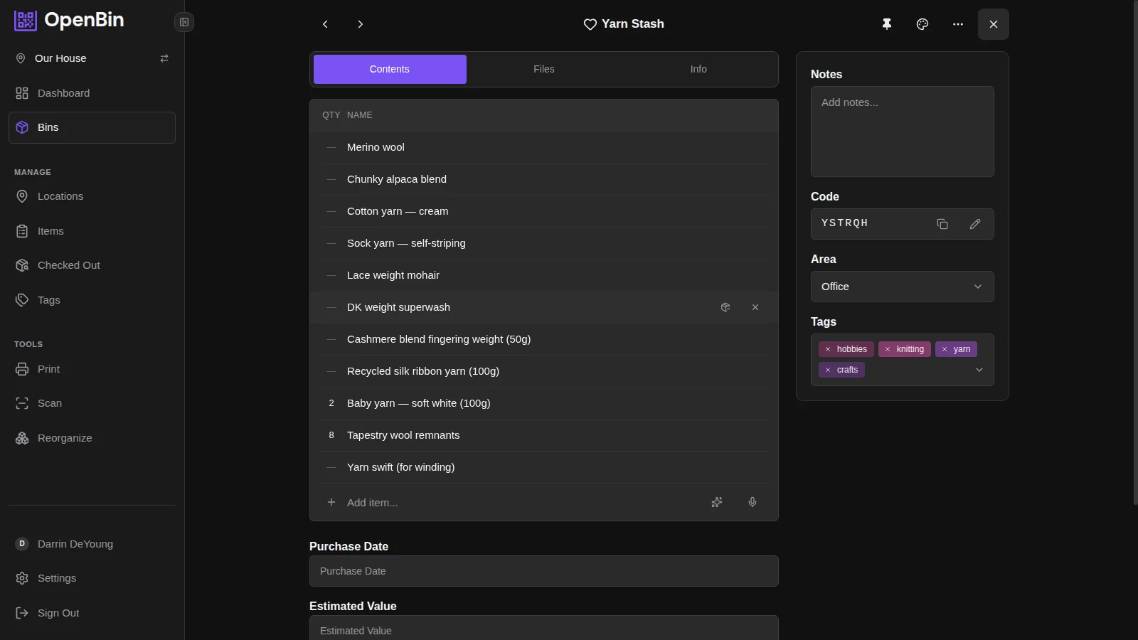 Yarn stash bin inventory showing merino wool, alpaca, cotton, and sock yarn skeins with craft tags