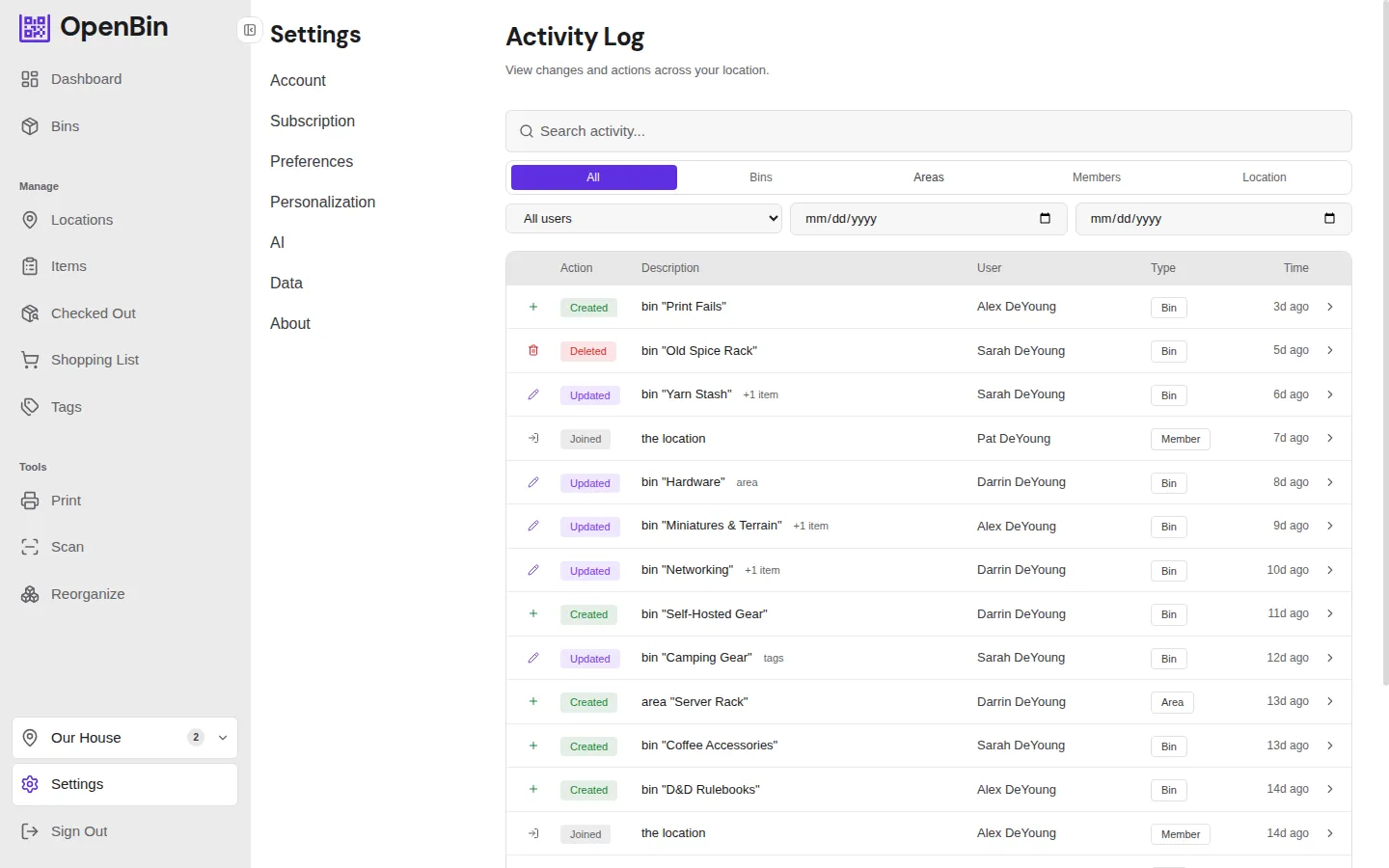 Activity log
