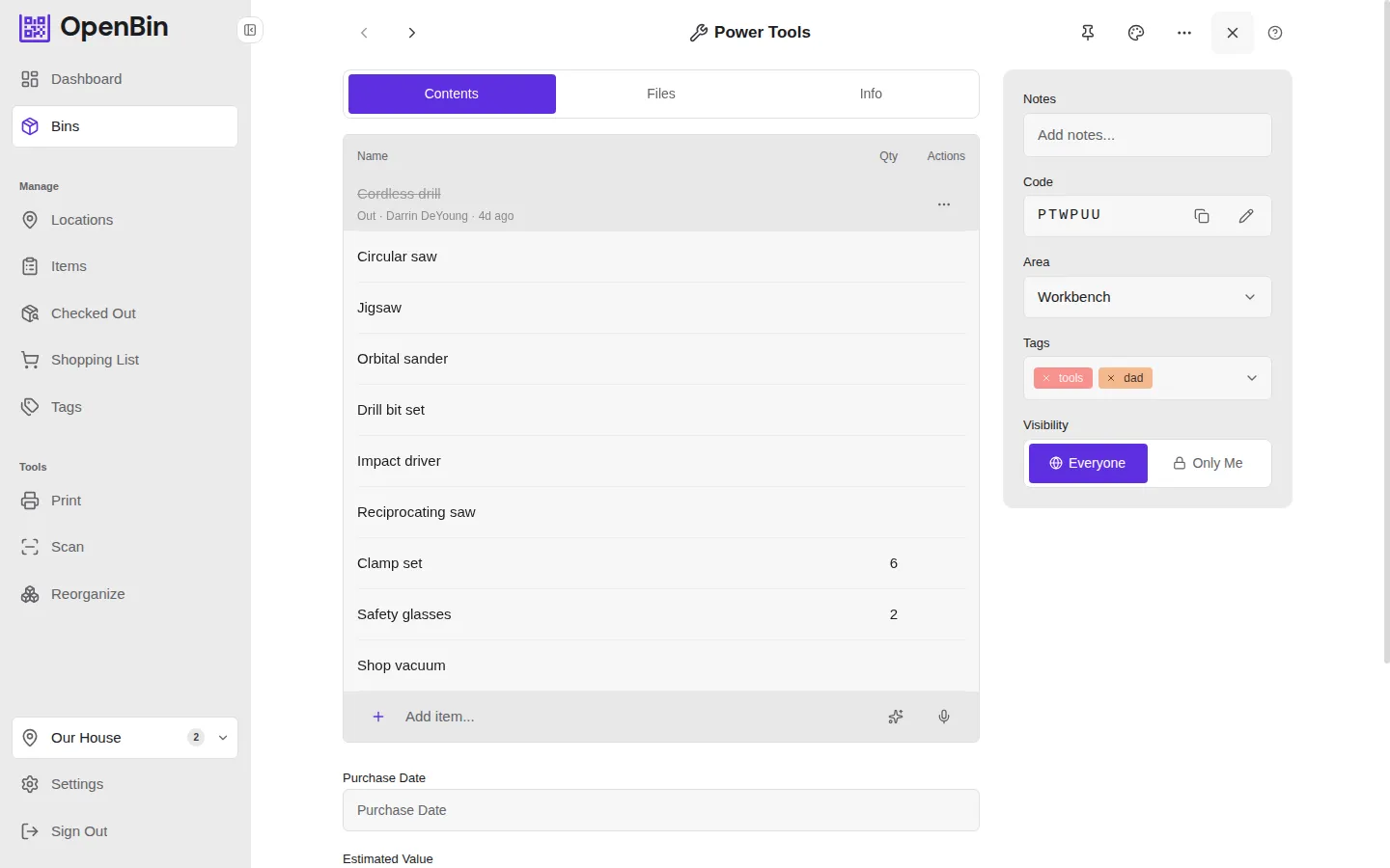 Bin detail
