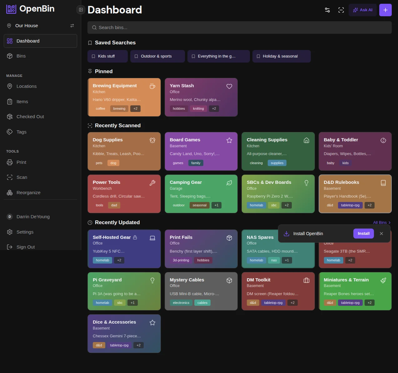 OpenBin dashboard showing bins, items, and search