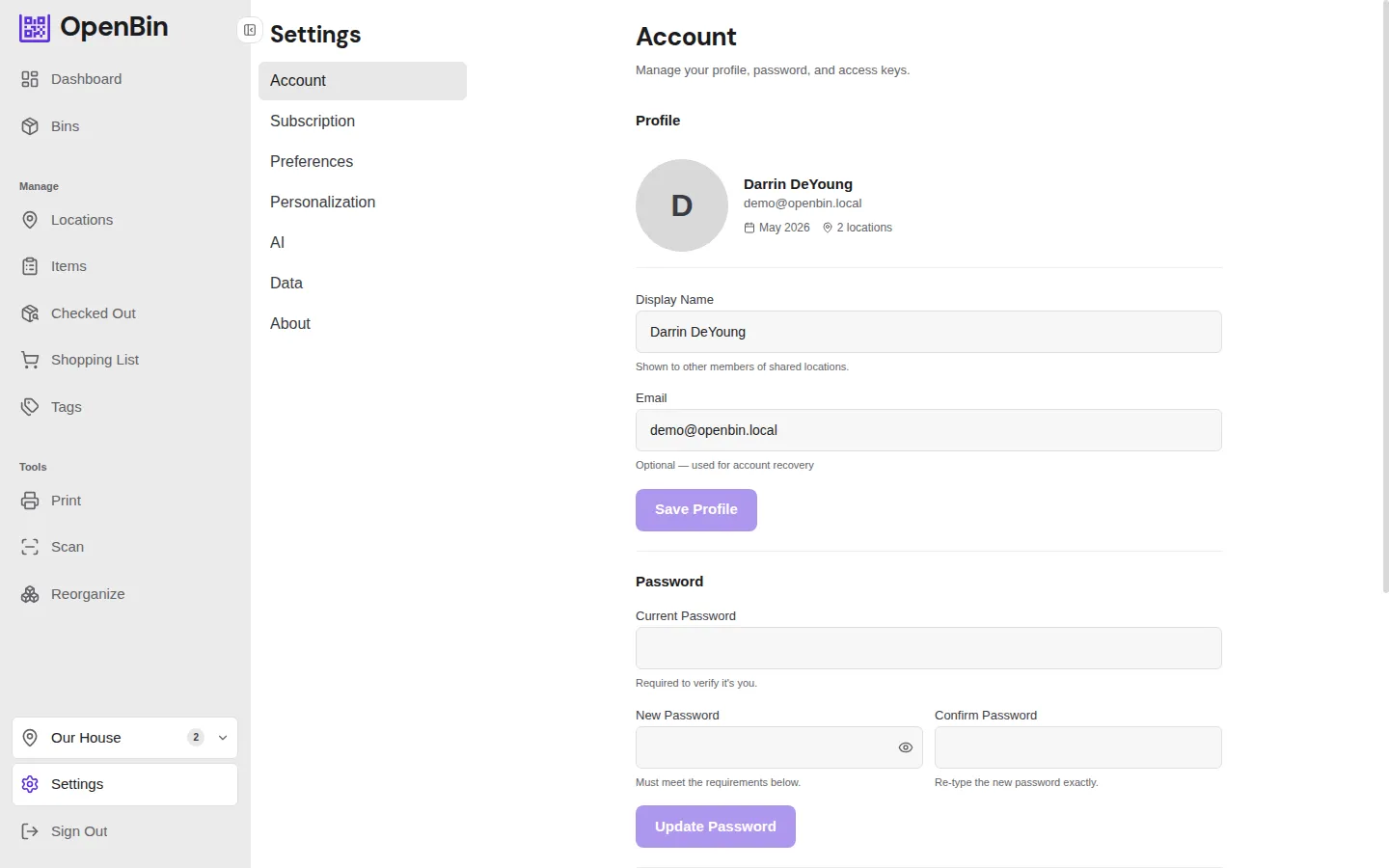 Profile settings