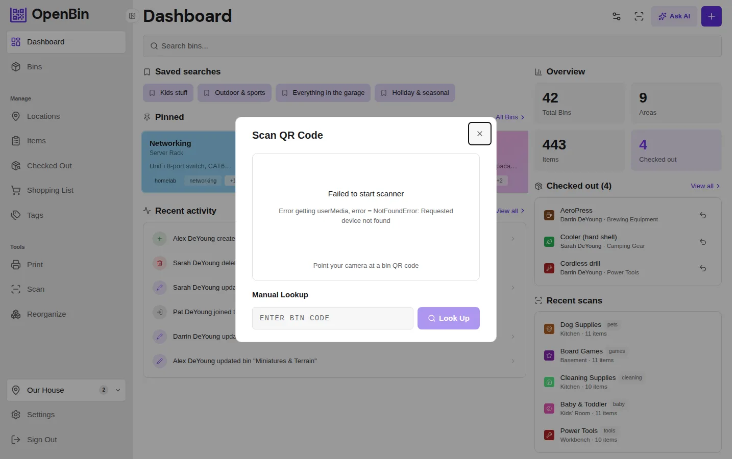 QR scanner with manual lookup